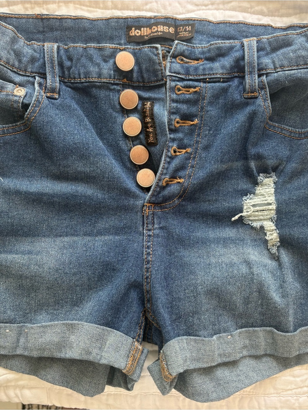 Dollhouse Button-Front Distressed Denim Shorts - Blue